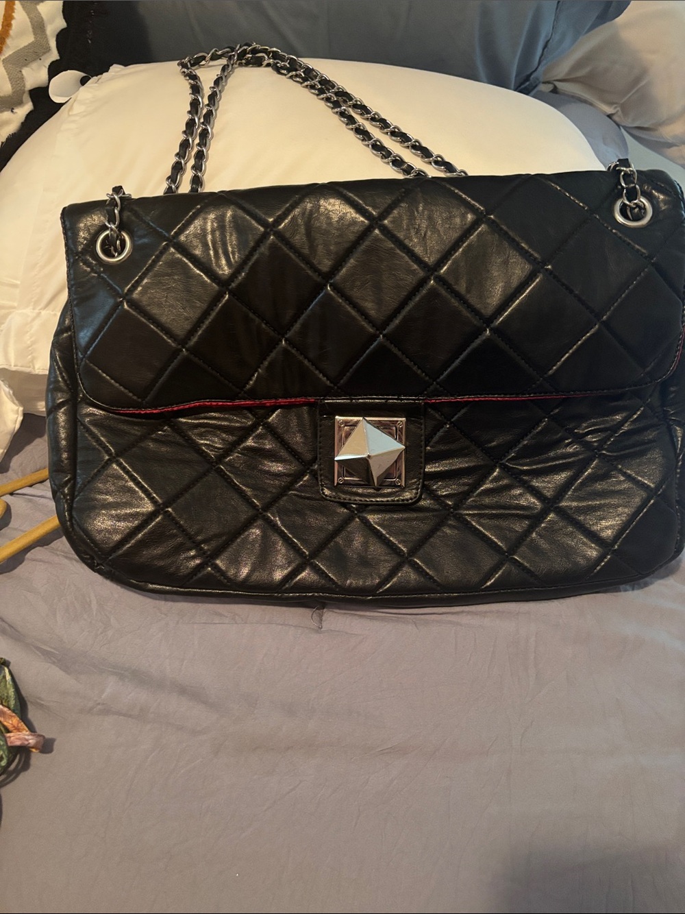 Nila Anthony Quilted Black Chain Shoulder Bag with Silver Hardware